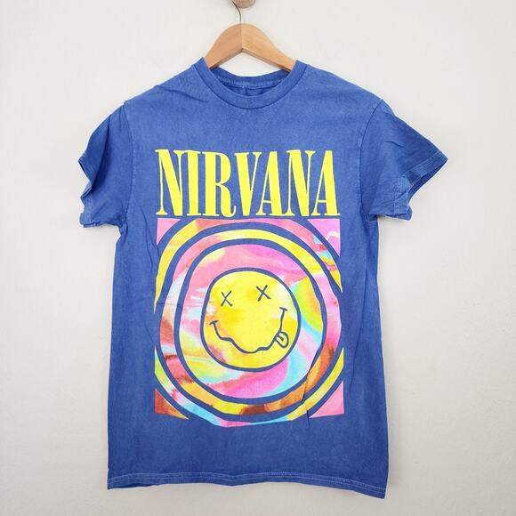 Nirvana Urban Outfitters Blue Tie Dye Acid Wash Smiley Crewneck T-Shirt Top - Picture 1 of 8